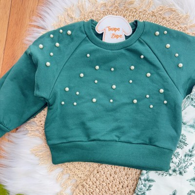 Conj. Casaco com Perolas e Calça de Moletom - Verde e Off White